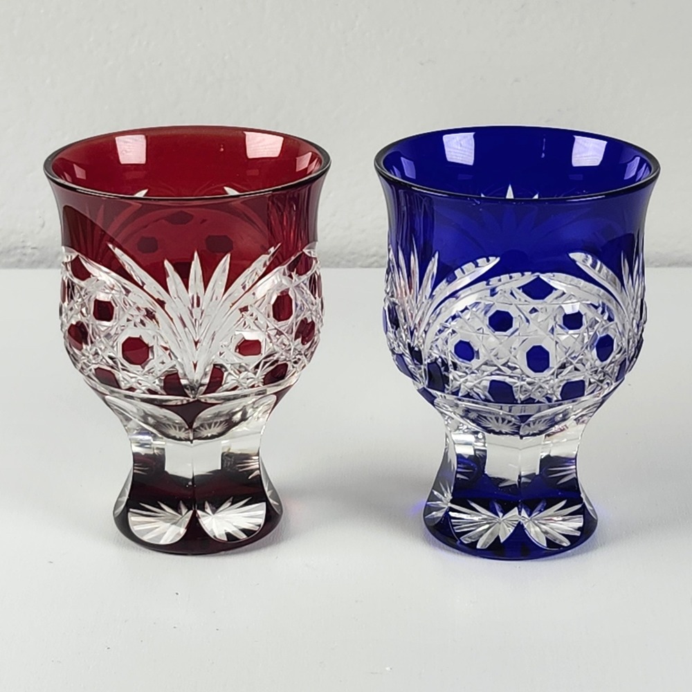 Japanese Edo Kiriko Cut Cold Sake Glass 3.5" Cobalt Blue Rudy Red Glasses